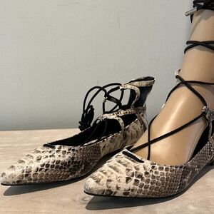 SCHUTZ Cream Snakeskin Embossed Leather Ankle-Wrap Flats Size 7